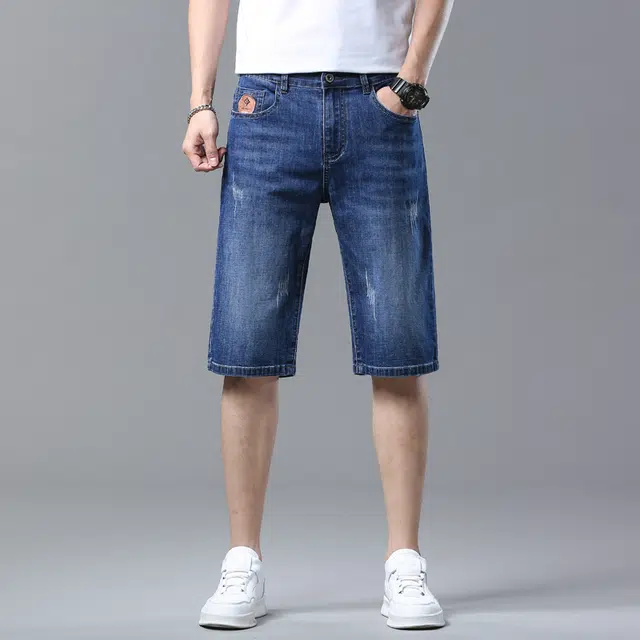 雅鹿 宽松阔腿中裤薄款休闲水洗耐磨百搭潮牌五分牛仔短裤 男款 蓝色