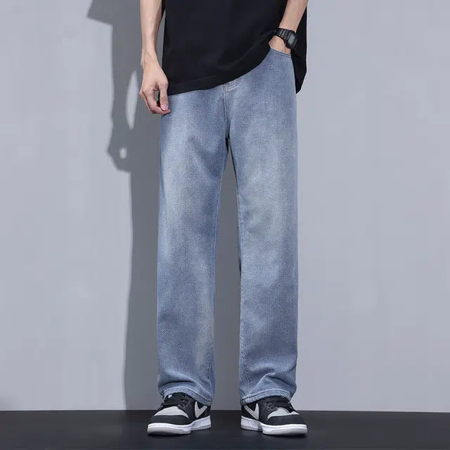 雅鹿 宽松阔腿百搭直筒复古水洗耐磨中腰做旧牛仔裤 男款