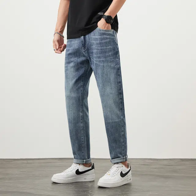 雅鹿 水洗弹力美式宽松直筒牛仔裤 男款 蓝色