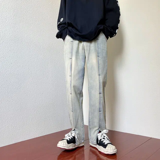 雅鹿 水洗做旧拼接开叉个性高街宽松直筒百搭休闲牛仔裤 男女同款