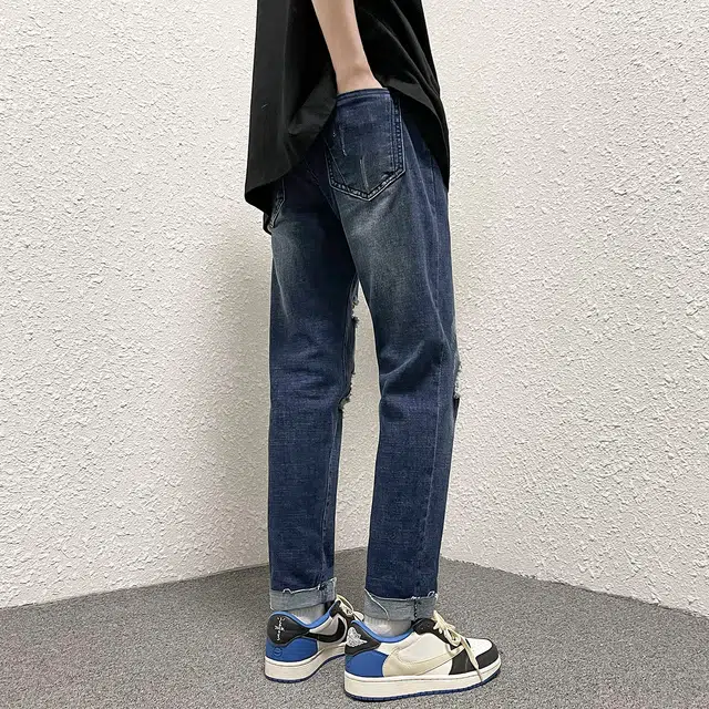 雅鹿 破洞直筒阔腿宽松垂感牛仔裤 男款
