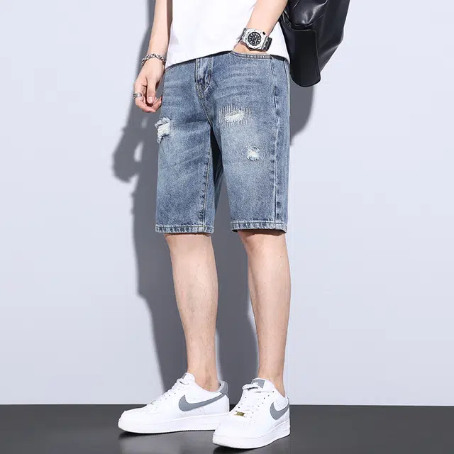 雅鹿 美式潮牌时尚宽松休闲五分裤牛仔短裤 男款 蓝色