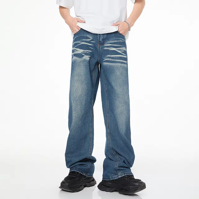 雅鹿 宽松水洗百搭美式高街复古休闲阔腿牛仔裤 男女同款 蓝色