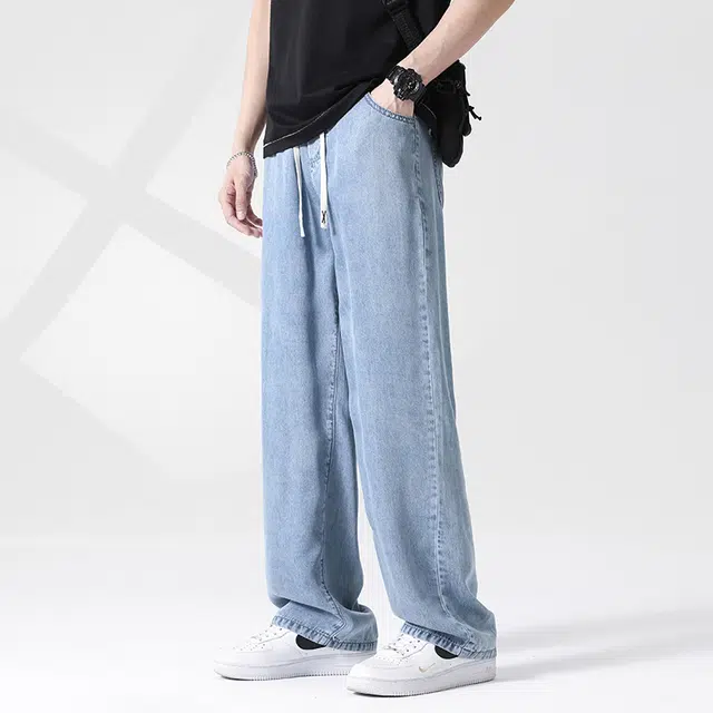雅鹿 薄款百搭宽松直筒水洗做旧牛仔裤 男款