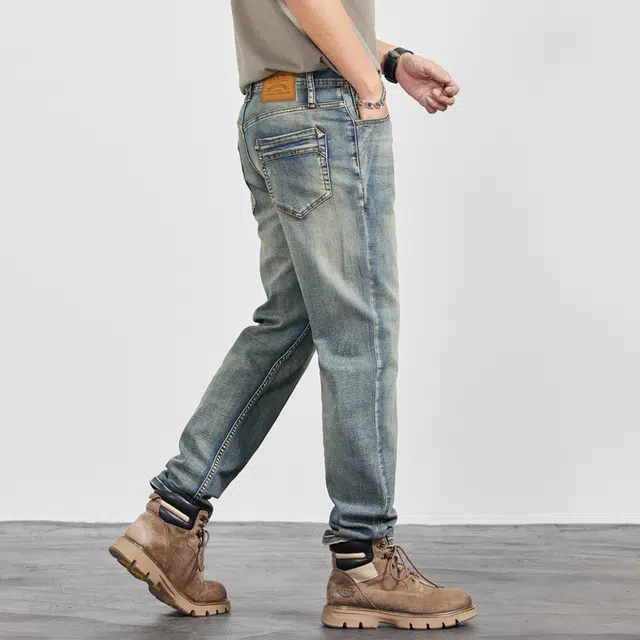 雅鹿 复古浅色宽松休闲弹力直筒怀旧牛仔裤 男款 黄泥蓝