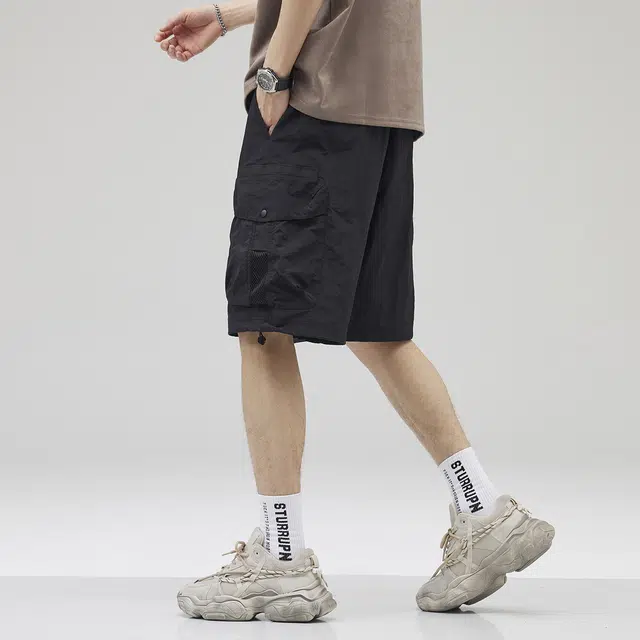 雅鹿 纯色简约百搭五分薄款宽松系带休闲短裤 男款