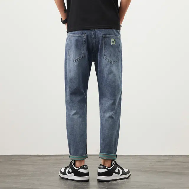 雅鹿 宽松直筒破洞中腰牛仔裤 男款 蓝色