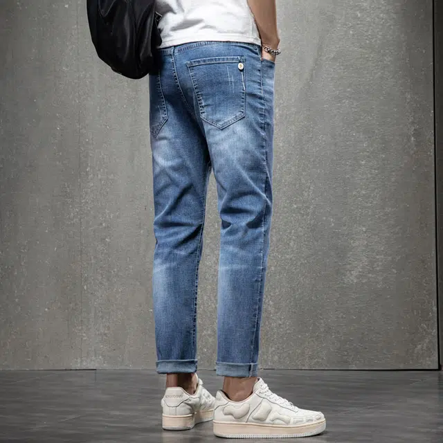 雅鹿 弹力修身直筒哈伦水洗做旧九分牛仔裤 男款 蓝色