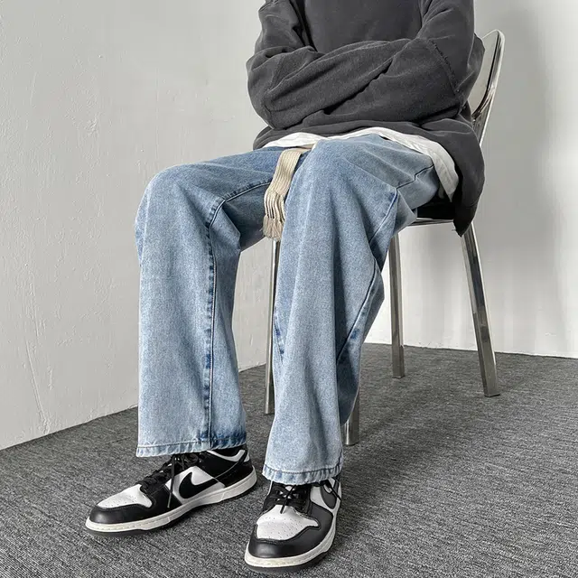 雅鹿 宽松直筒系带水洗做旧高街阔脚牛仔裤 男女同款