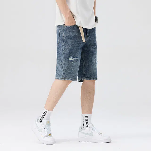 雅鹿 美式复古破洞百搭休闲宽松水洗直筒五分牛仔短裤 男款 蓝色