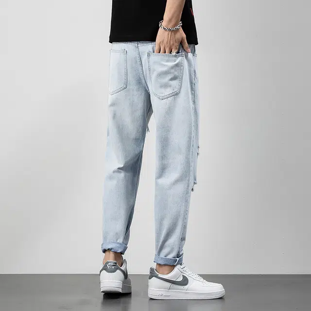 雅鹿 美式高街复古百搭水洗破洞修身直筒牛仔裤 男款 浅蓝