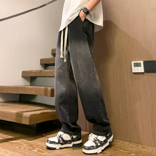 雅鹿 宽松渐变系带垂感百搭休闲水洗耐磨直筒牛仔裤 男款