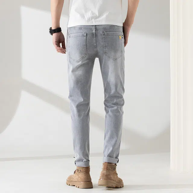 雅鹿 浅色直筒修身百搭休闲中腰水洗耐磨复古做旧牛仔裤 男款 灰白