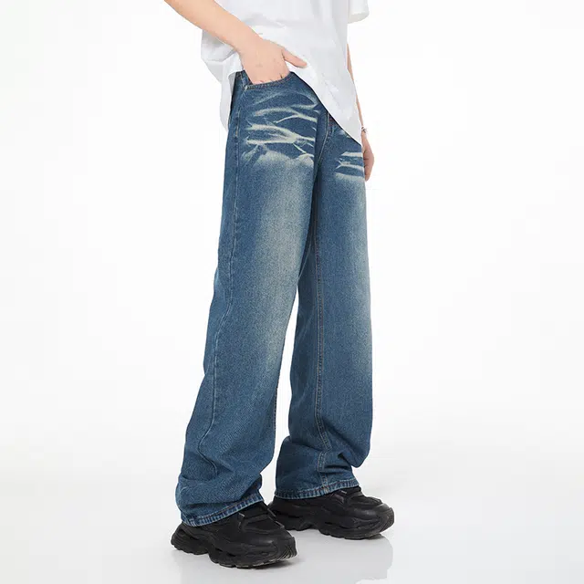雅鹿 宽松水洗百搭美式高街复古休闲阔腿牛仔裤 男女同款 蓝色