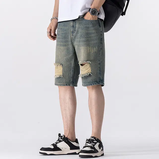 雅鹿 做旧嘻哈街头破洞时尚潮流宽松百搭五分裤牛仔短裤 男款 黄泥蓝