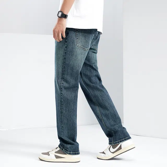 雅鹿 直筒百搭美式高街水洗做旧宽松牛仔裤 男款 蓝色