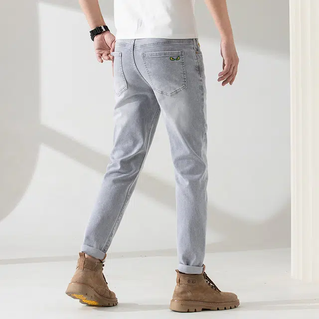 雅鹿 水洗耐磨百搭中腰拉链直筒修身休闲牛仔裤 男款 灰白