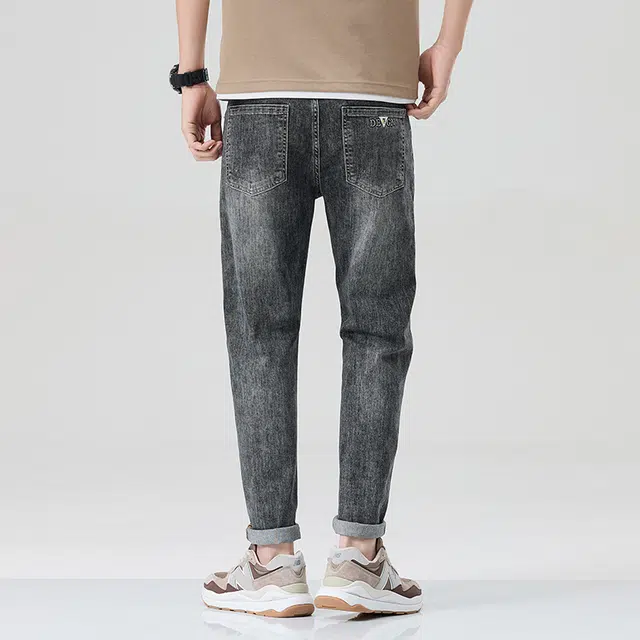 雅鹿 复古水洗做旧宽松弹力直筒休闲百搭牛仔裤 男款 黑灰