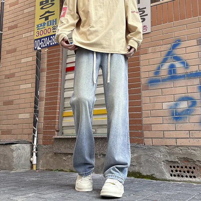 雅鹿 宽松阔腿水洗耐磨美式复古微喇牛仔裤 男款