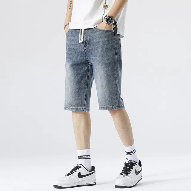 雅鹿 系带中腰时尚潮牌百搭水洗耐磨薄款高街五分牛仔短裤 男款 蓝灰