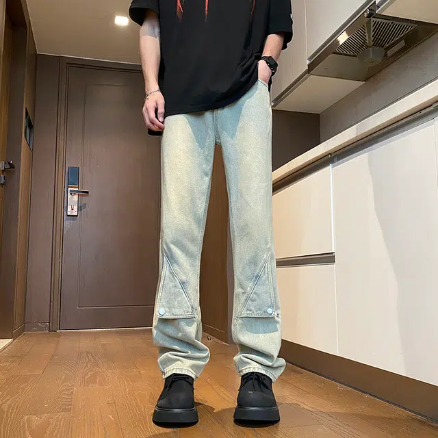 雅鹿 阔腿垂感宽松直筒百搭潮牌美式水洗复古耐磨休闲牛仔裤 男款
