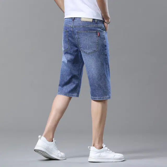 雅鹿 百搭复古水洗薄款耐磨宽松五分牛仔短裤 男款 磨白蓝