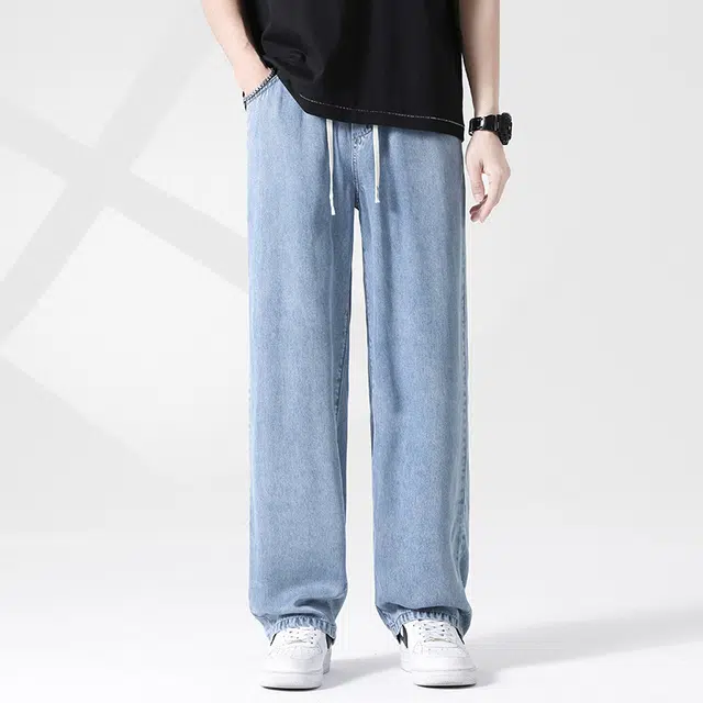 雅鹿 薄款百搭宽松直筒水洗做旧牛仔裤 男款