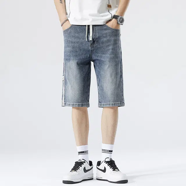 雅鹿 系带中腰时尚潮牌百搭水洗耐磨薄款高街五分牛仔短裤 男款 蓝灰