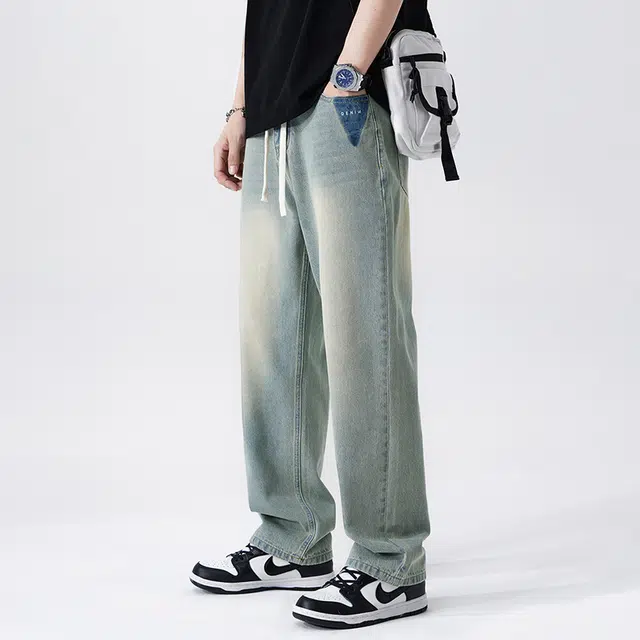 雅鹿 直筒中腰宽松水洗牛仔裤 男款