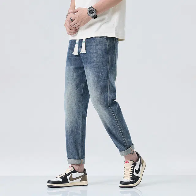 雅鹿 复古宽松水洗潮流哈伦系带牛仔裤 男款 蓝灰