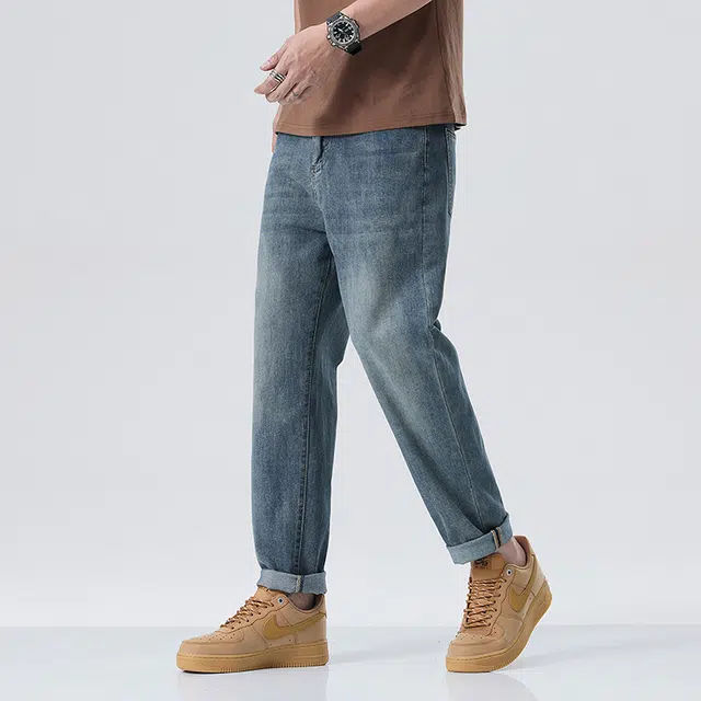 雅鹿 直筒九分中腰拉链牛仔裤 男款 蓝色