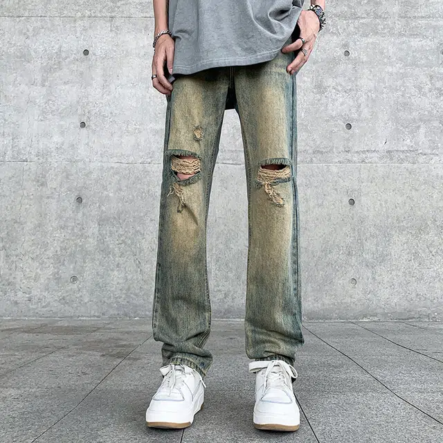 雅鹿 美式复古破洞百搭休闲水洗耐磨宽松直筒垂感牛仔裤 男款 泥黄