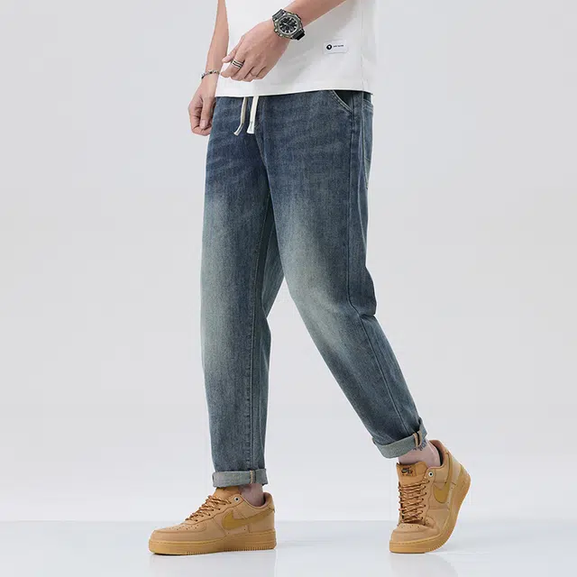 雅鹿 宽松直筒哈伦系带休闲牛仔裤 男款 蓝色