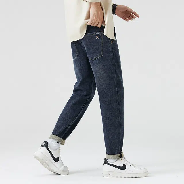 雅鹿 美式纯色做旧中腰拉链修身锥形垂感百搭休闲水洗耐磨牛仔裤 男款 蓝色