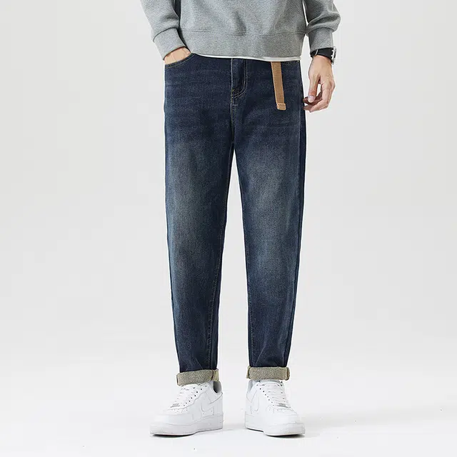 雅鹿 水洗复古休闲小直筒时尚潮流宽松百搭牛仔裤 男款 蓝色