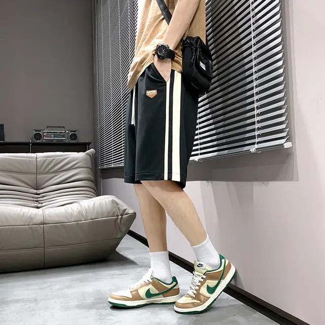 雅鹿 宽松拼色简约百搭运动系带篮球中腰薄款五分休闲短裤 男款