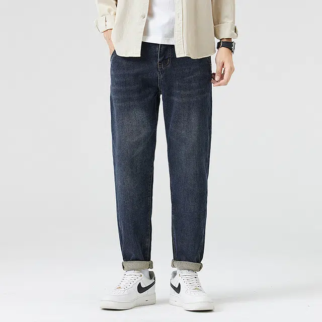 雅鹿 美式纯色做旧中腰拉链修身锥形垂感百搭休闲水洗耐磨牛仔裤 男款 蓝色