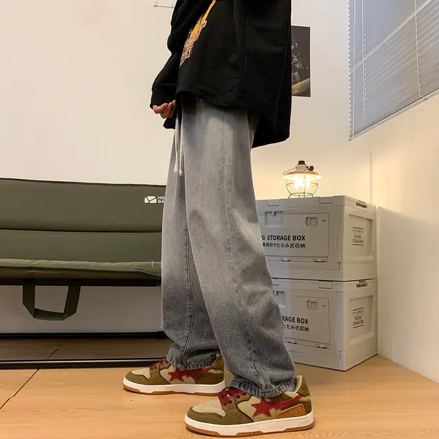 雅鹿 渐变复古美式高街宽松休闲百搭阔腿牛仔裤 男女同款