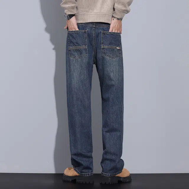 雅鹿 复古阔腿百搭宽松水洗休闲中腰耐磨牛仔裤 男款 深海蓝