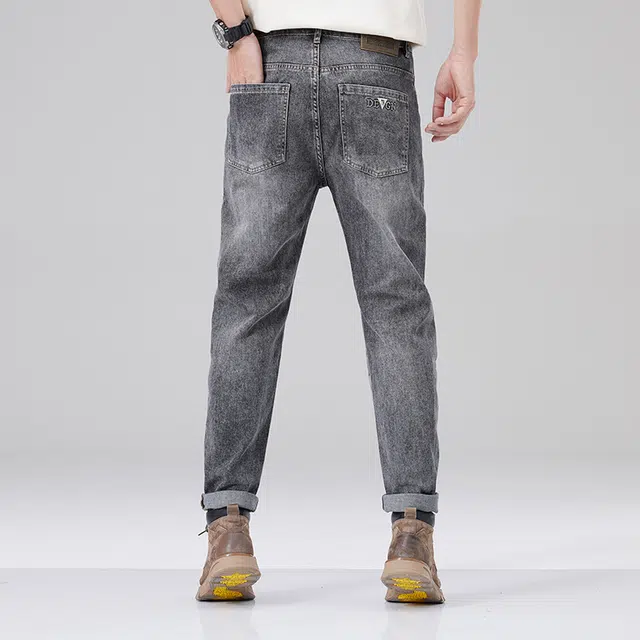 雅鹿 复古水洗直筒修身锥形弹力牛仔裤 男款 烟灰