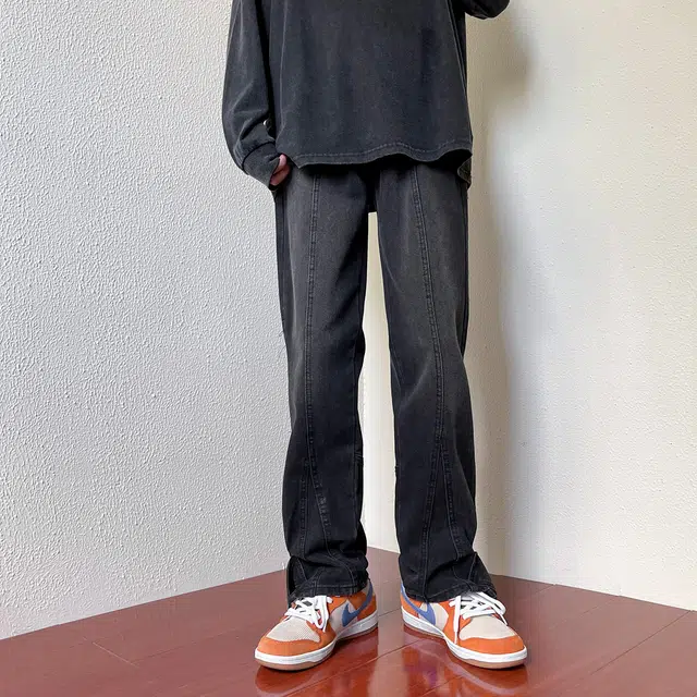 雅鹿 美式复古拉链休闲直筒做旧水洗阔腿牛仔裤 男女同款