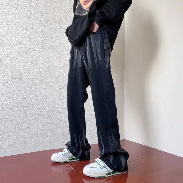 雅鹿 做旧中腰拉链宽松阔腿牛仔裤 男女同款 黑色