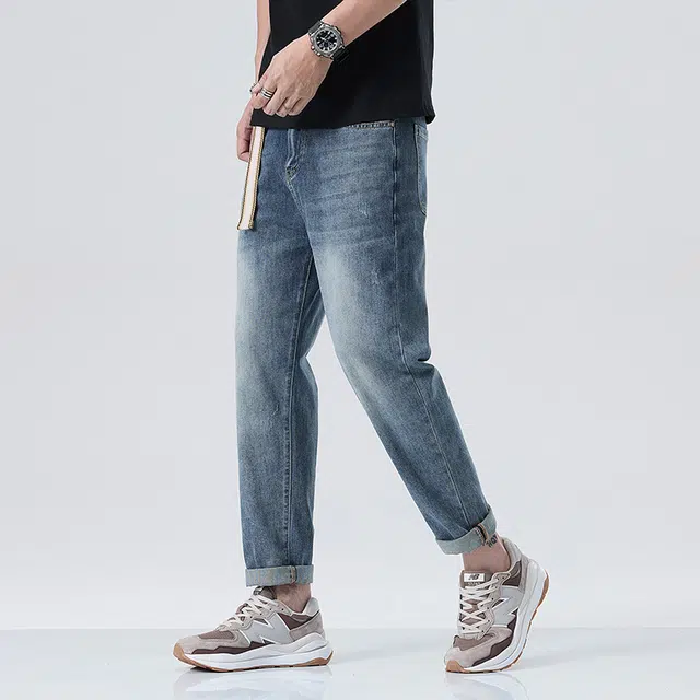雅鹿 水洗弹力宽松直筒百搭牛仔裤 男款 蓝色