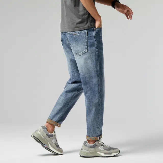 雅鹿 水洗做旧简约穿搭美式宽松直筒裤潮牌休闲长裤牛仔裤 男款 蓝色