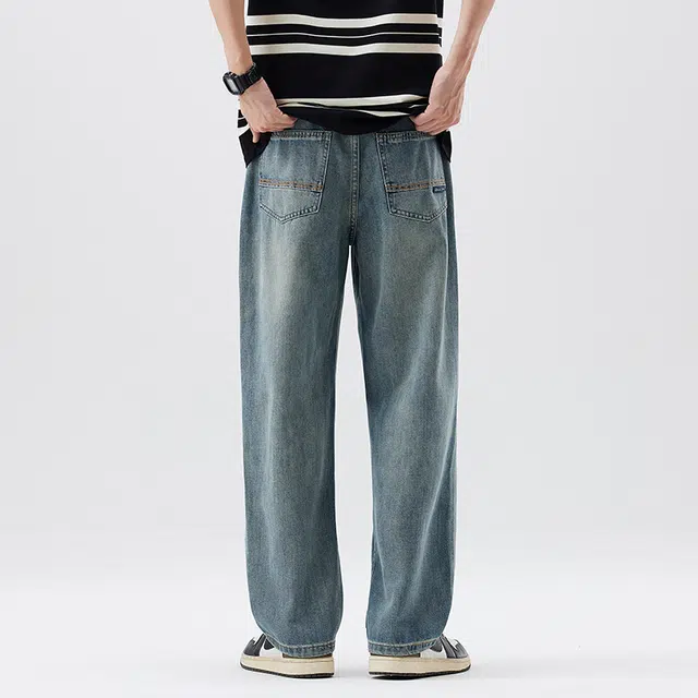 雅鹿 高街美式宽松垂感休闲水洗做旧百搭中腰阔腿牛仔裤 男款 蓝色