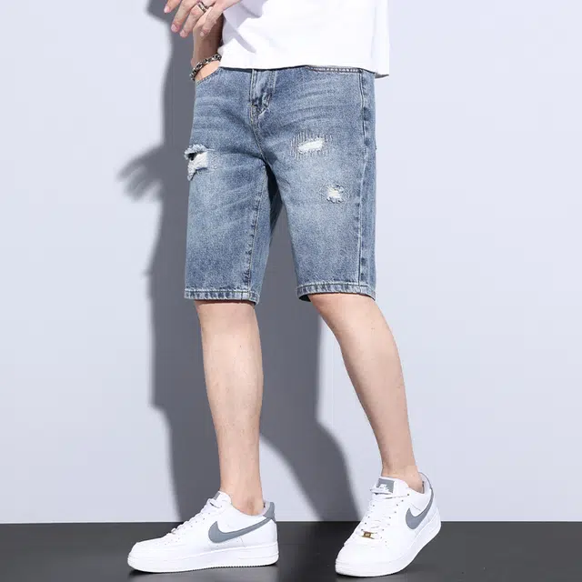 雅鹿 美式潮牌时尚宽松休闲五分裤牛仔短裤 男款 蓝色