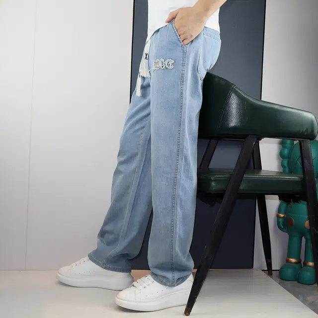 雅鹿 中腰宽松系带牛仔裤 男款 浅蓝