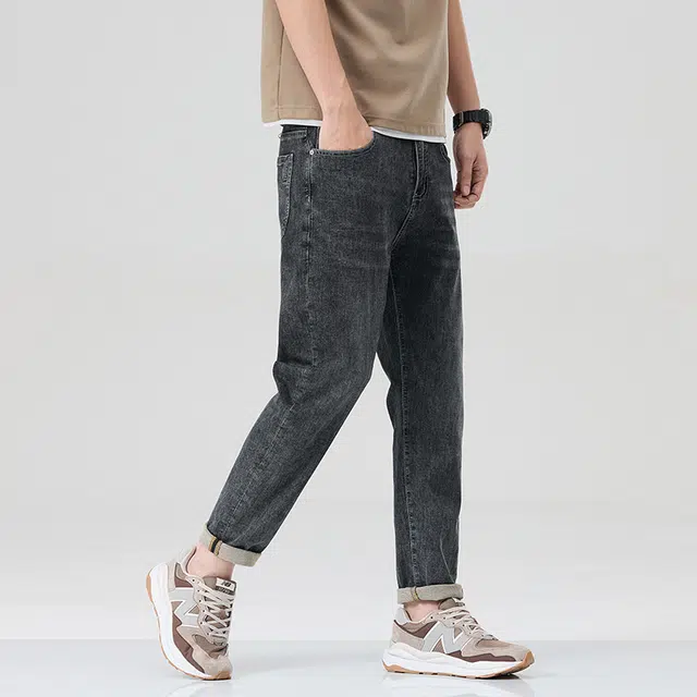 雅鹿 宽松小直筒水洗耐磨百搭时尚港风牛仔裤 男款 黑灰