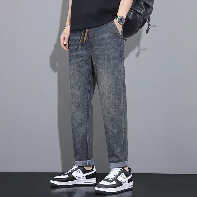 雅鹿 抽绳松紧腰直筒水洗系带牛仔裤 男款 复古蓝