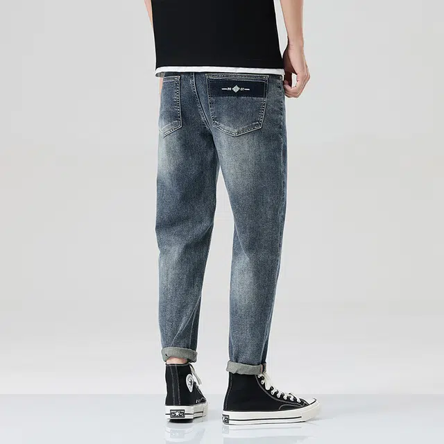 雅鹿 复古水洗做旧美式宽松直筒休闲牛仔裤 男款 深蓝